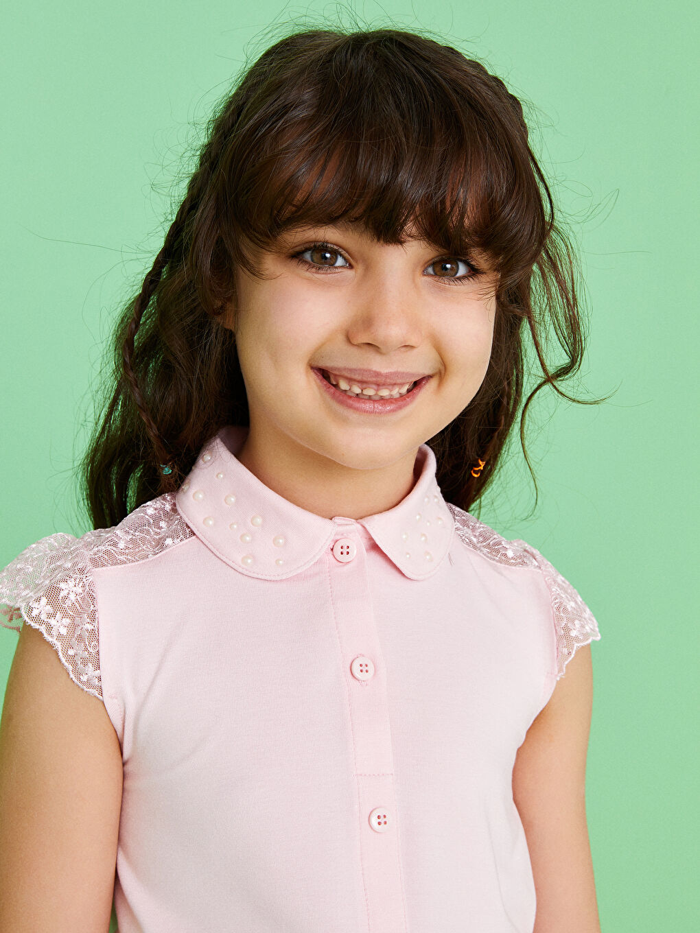 Pembe Dantel Detaylı Kısa Kollu Kız Çocuk Bluz-2