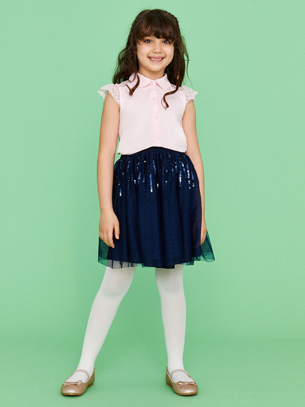 Pembe Dantel Detaylı Kısa Kollu Kız Çocuk Bluz-3