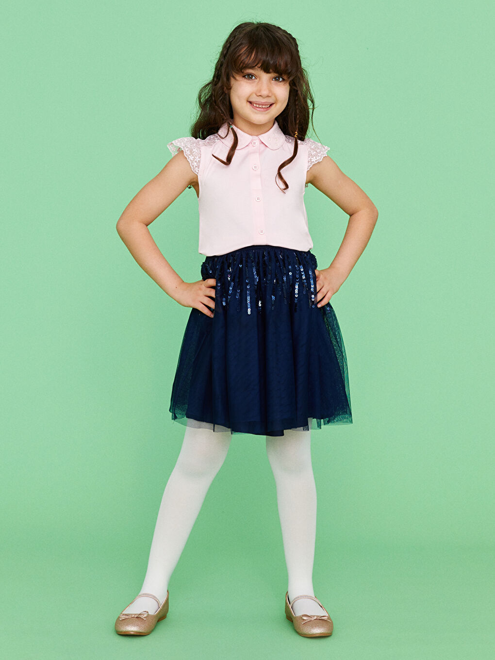 Pembe Dantel Detaylı Kısa Kollu Kız Çocuk Bluz-4