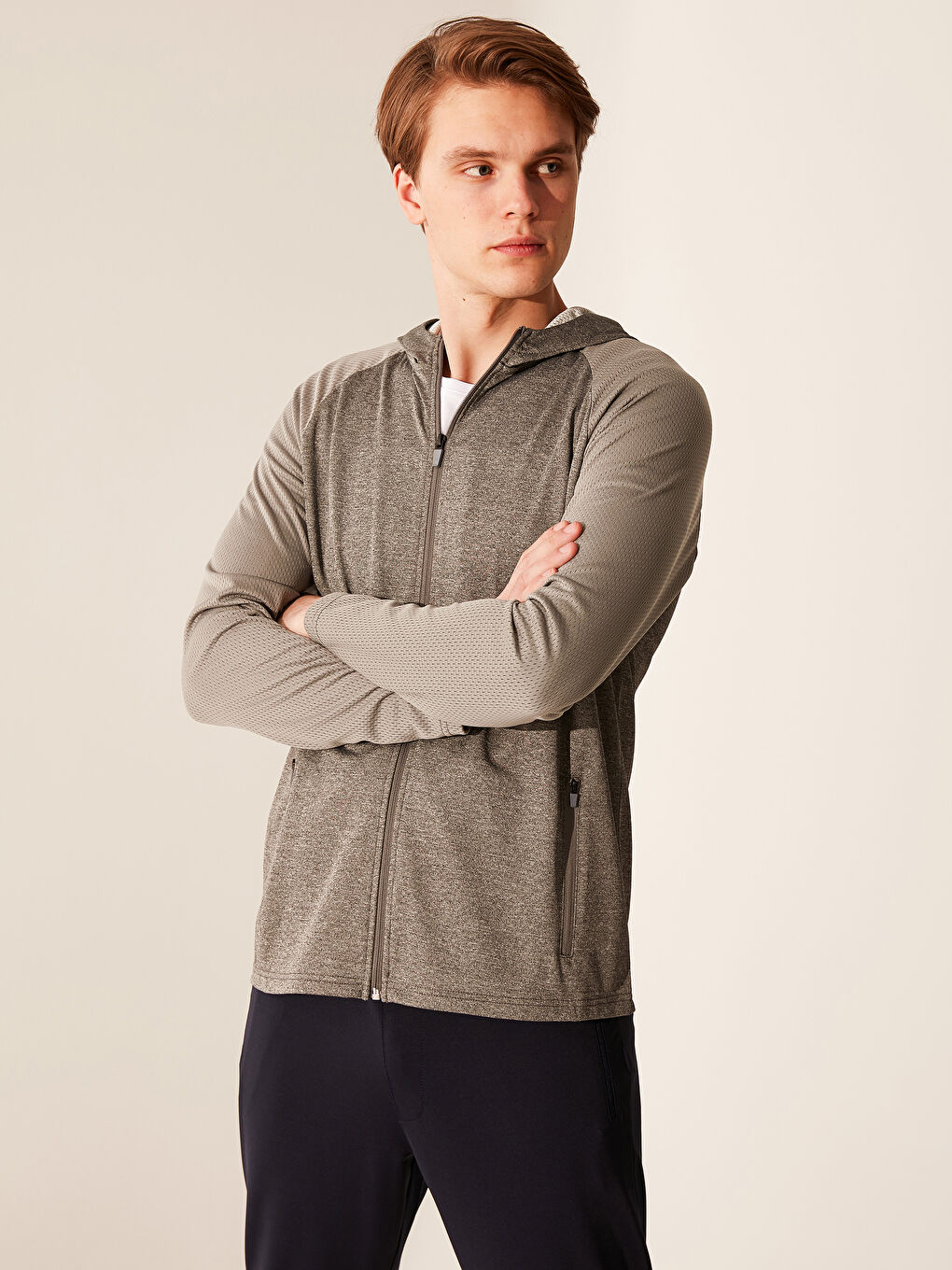 Gri Kapüşonlu Erkek Fermuarlı Sweatshirt-4