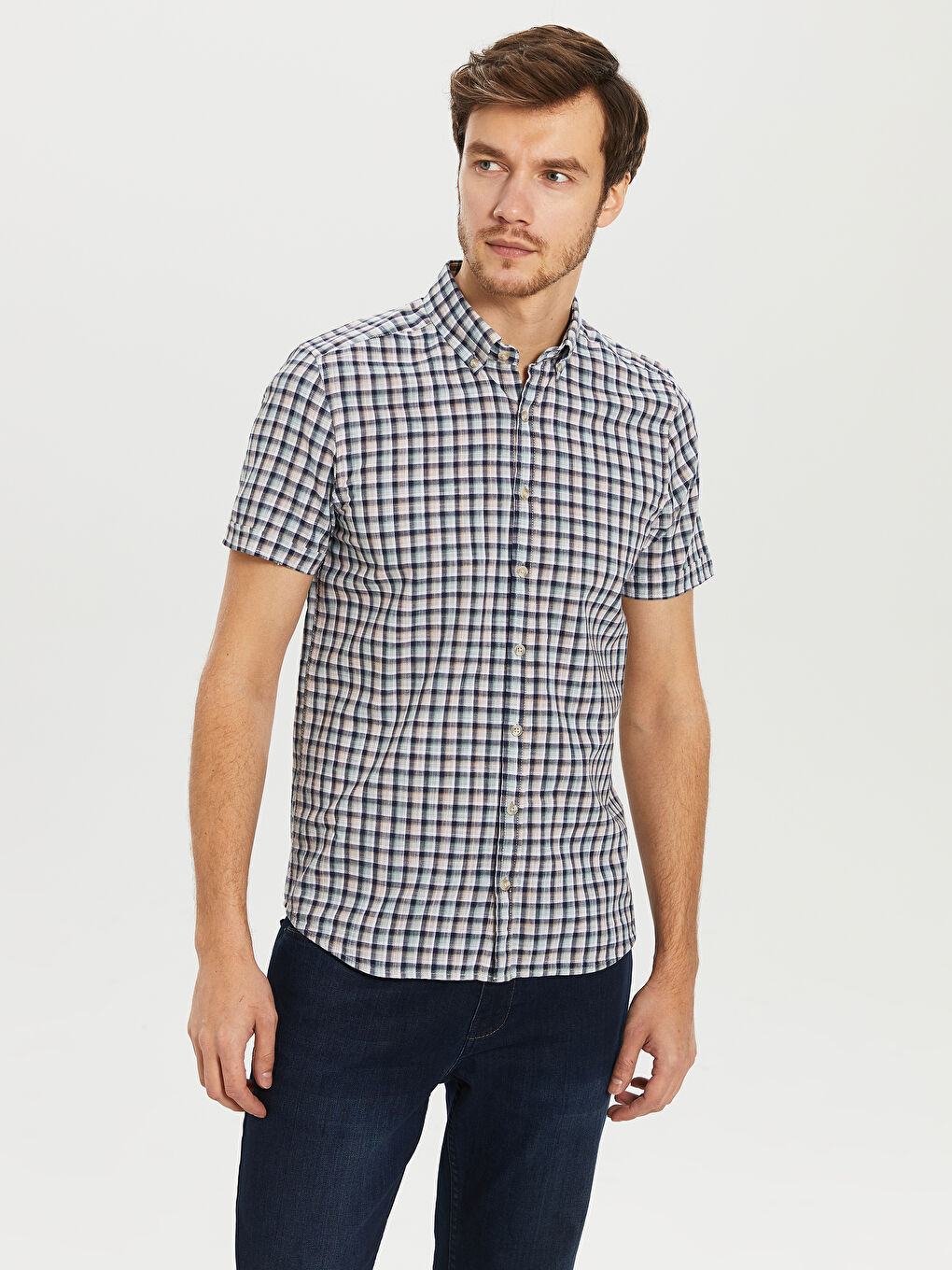 Yeşil Slim Fit Kısa Kollu Poplin Erkek Gömlek-1