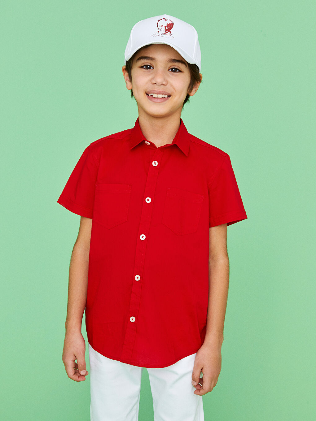 Kırmızı Basic Kısa Kollu Erkek Çocuk Poplin Gömlek-1