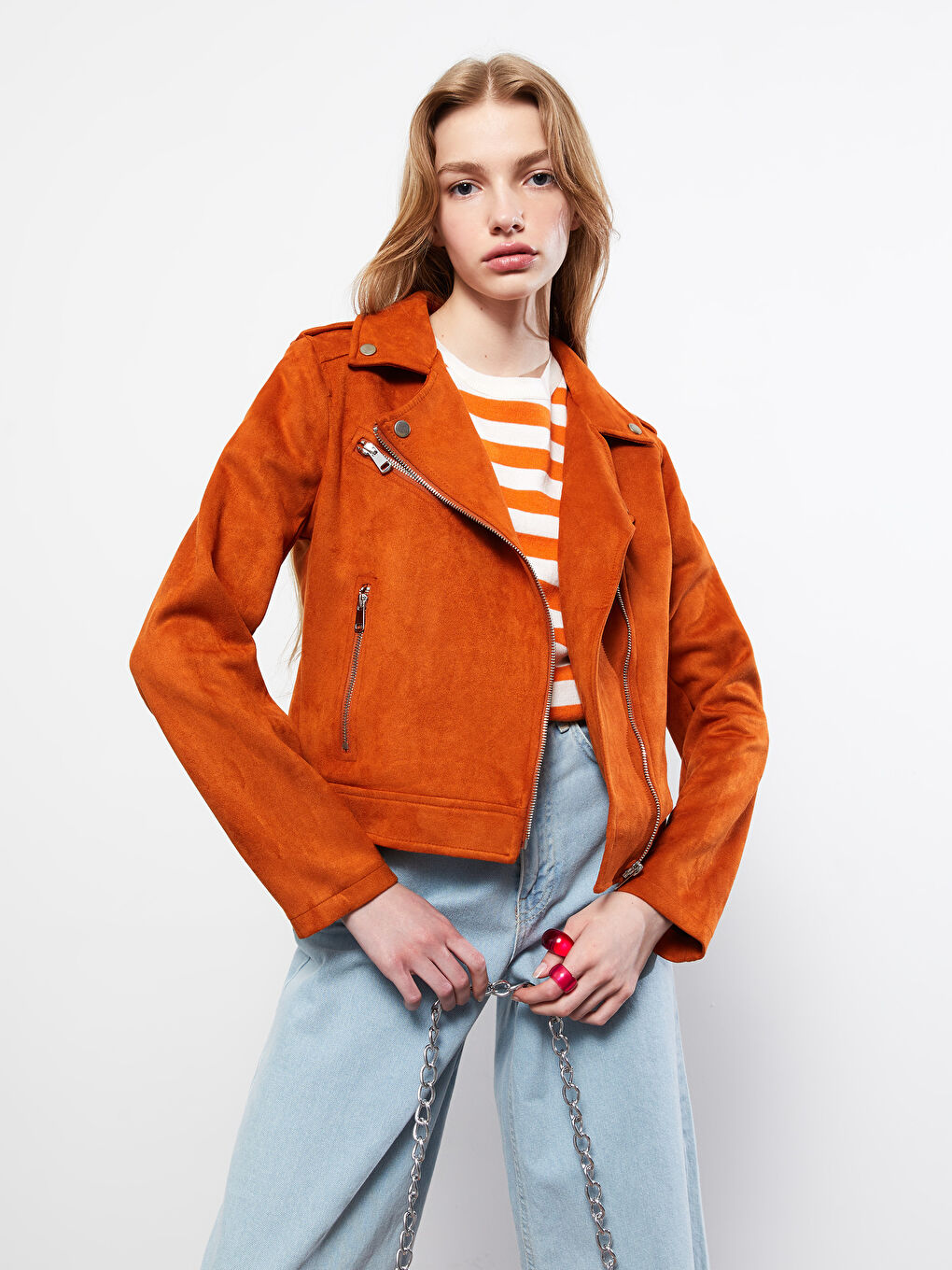 Kahverengi Kadın Biker Yaka Düz Deri Görünümlü Mont