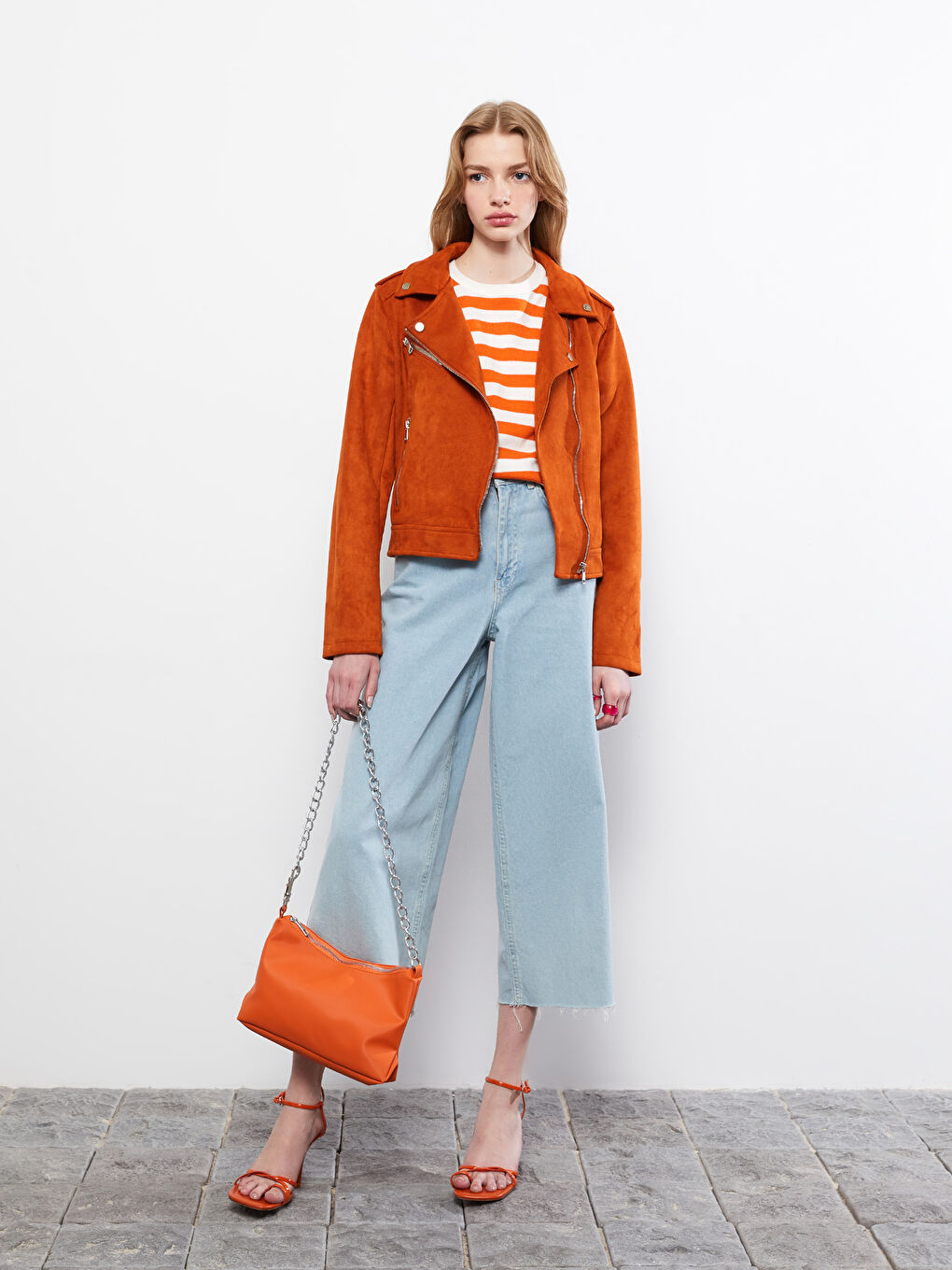 Kahverengi Kadın Biker Yaka Düz Deri Görünümlü Mont-2