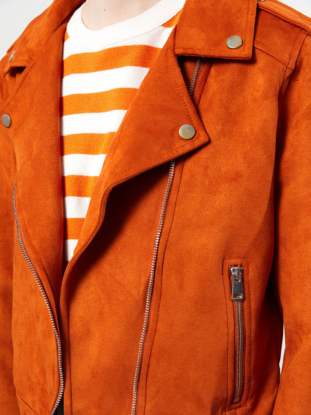 Kahverengi Kadın Biker Yaka Düz Deri Görünümlü Mont-3