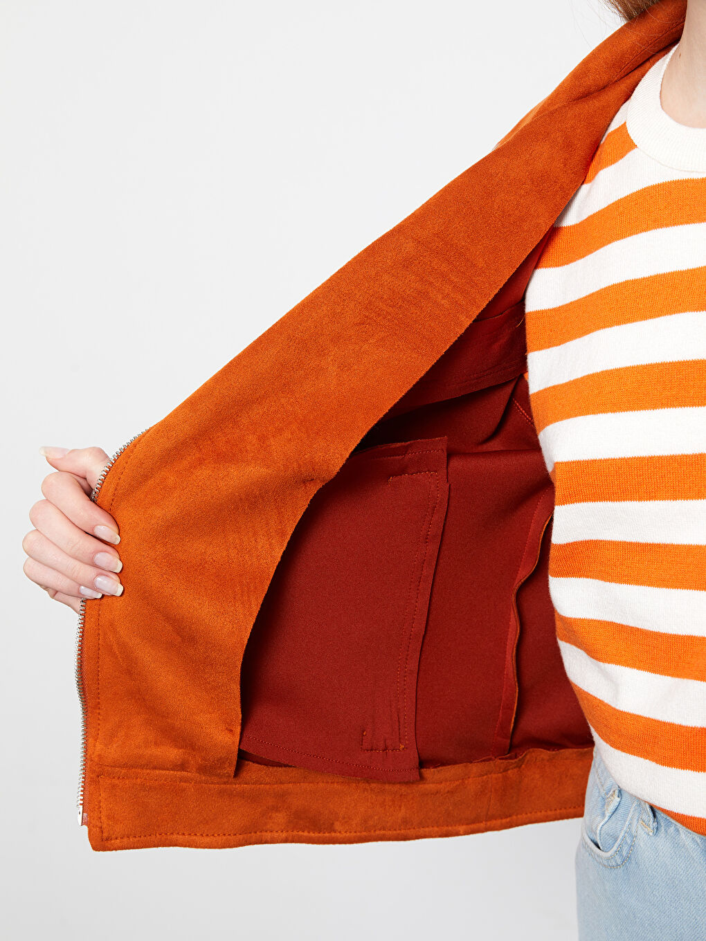 Kahverengi Kadın Biker Yaka Düz Deri Görünümlü Mont-4