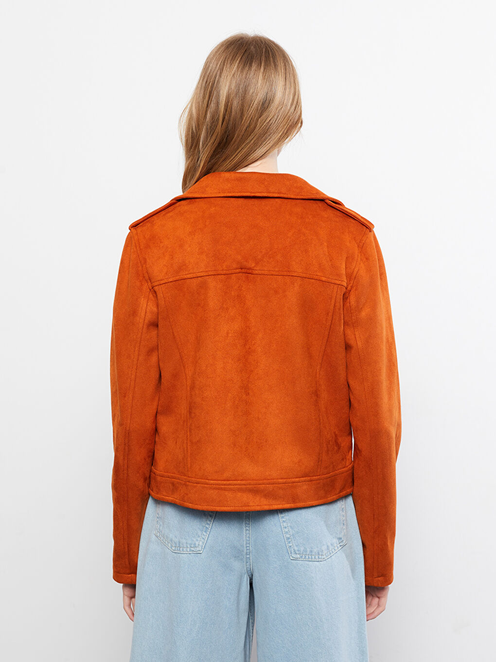 Kahverengi Kadın Biker Yaka Düz Deri Görünümlü Mont-5