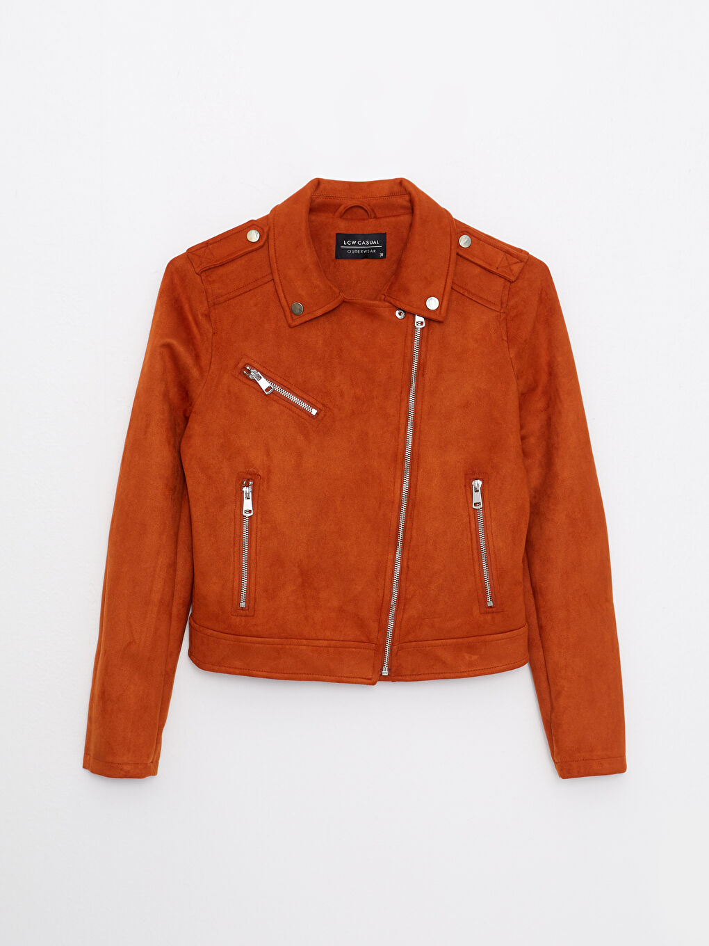 Kahverengi Kadın Biker Yaka Düz Deri Görünümlü Mont-9