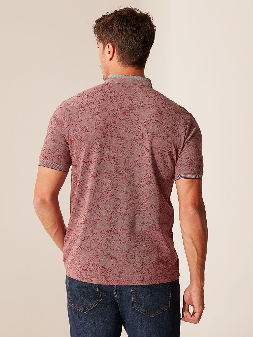 Bordo Hakim Yaka Kısa Kollu Desenli Erkek Tişört-2