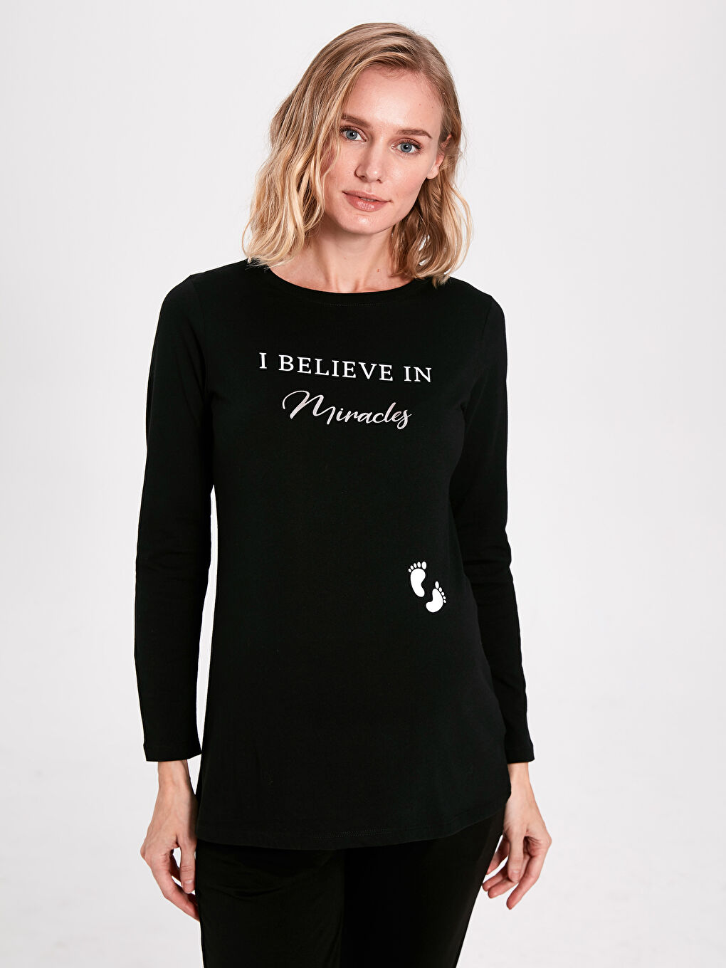 Siyah Hamile Slogan Baskılı Pamuklu Tişört