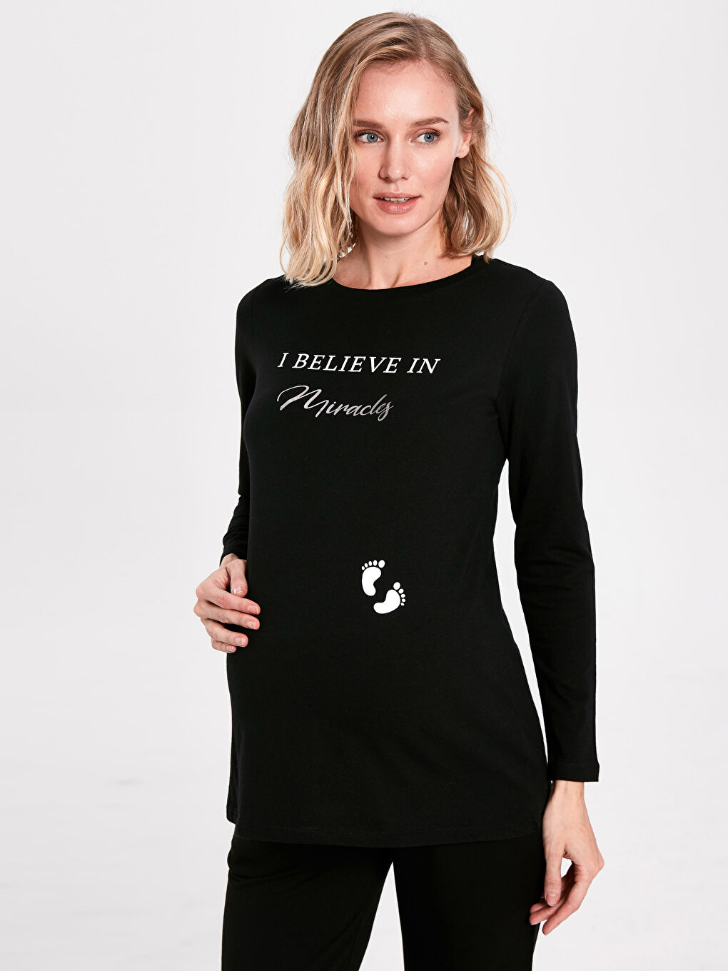 Siyah Hamile Slogan Baskılı Pamuklu Tişört-2