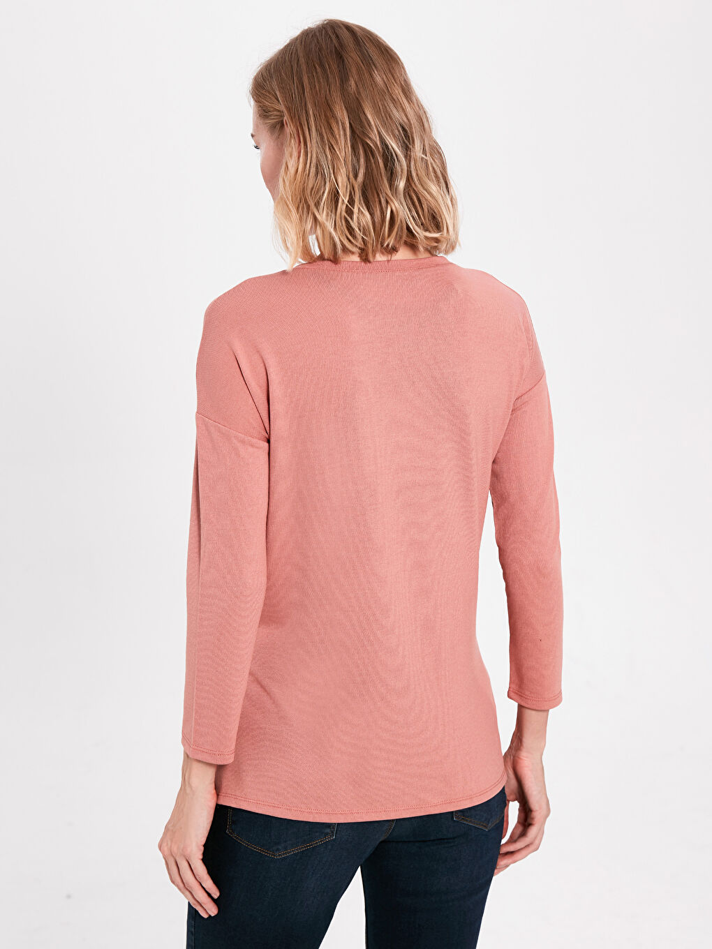 Pembe Bisiklet Yaka Uzun Kollu Hamile Slogan Baskılı Tişört-4