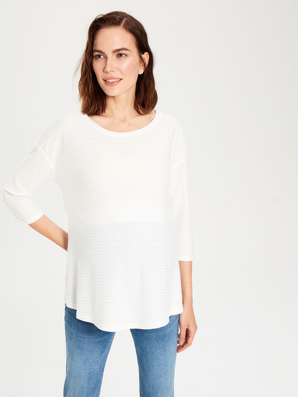 Ekru Bisiklet Yaka Düz Hamile Tişört-1