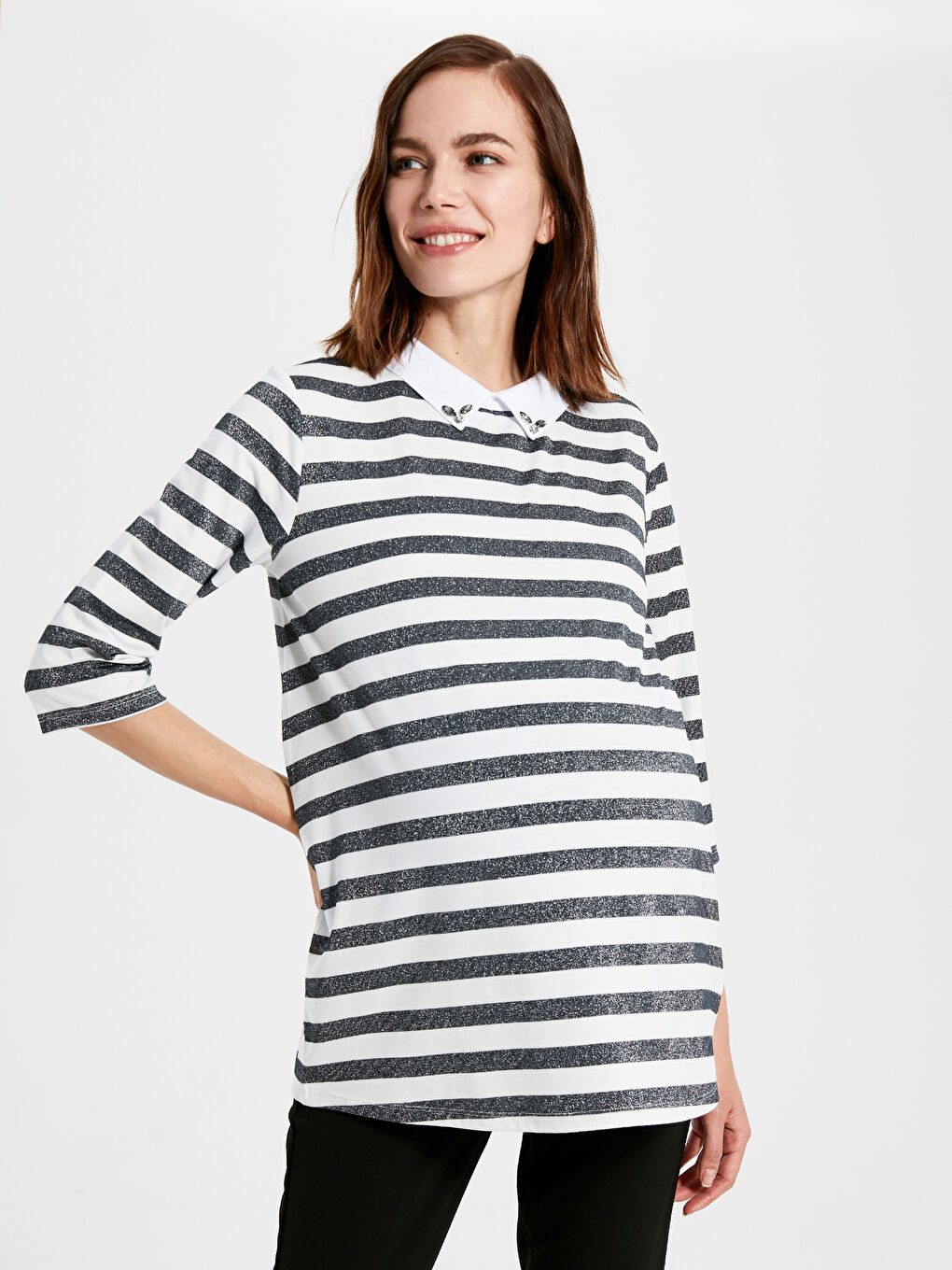 Lacivert Yaka Detaylı Çizgili Hamile Tişört-2