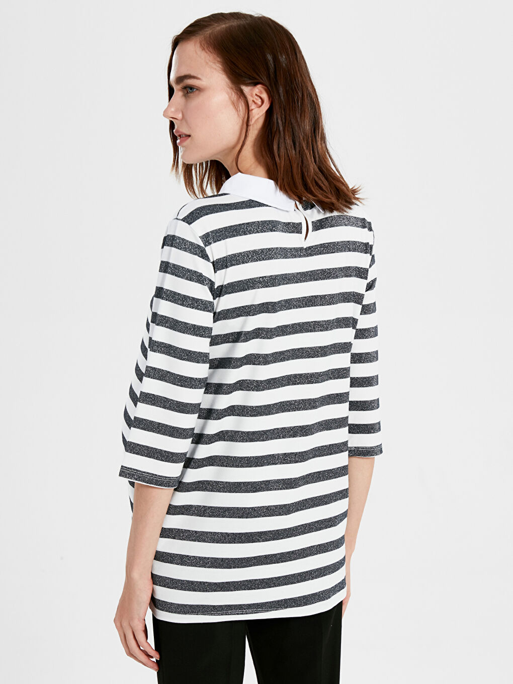 Lacivert Yaka Detaylı Çizgili Hamile Tişört-4