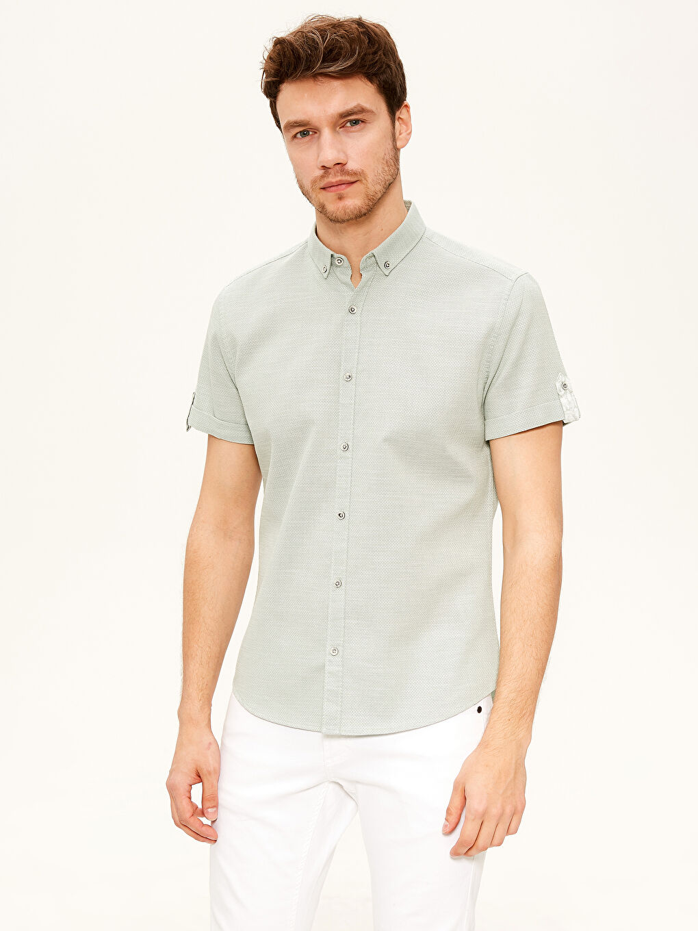 Рубашка слим фит из твила с коротким рукавом-2