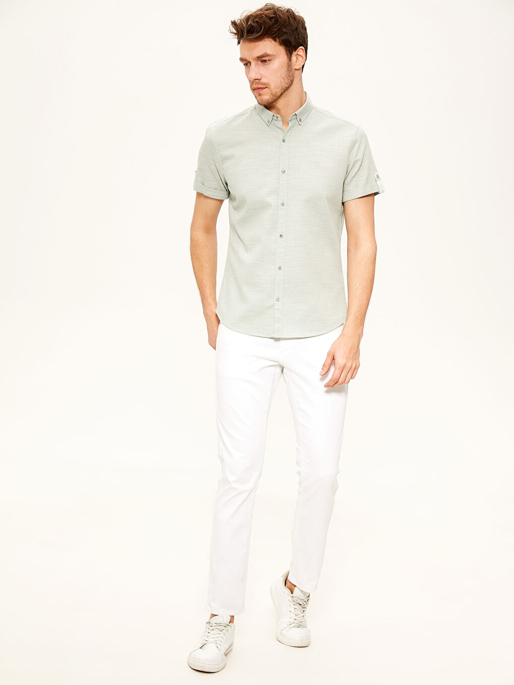 Рубашка слим фит из твила с коротким рукавом-4
