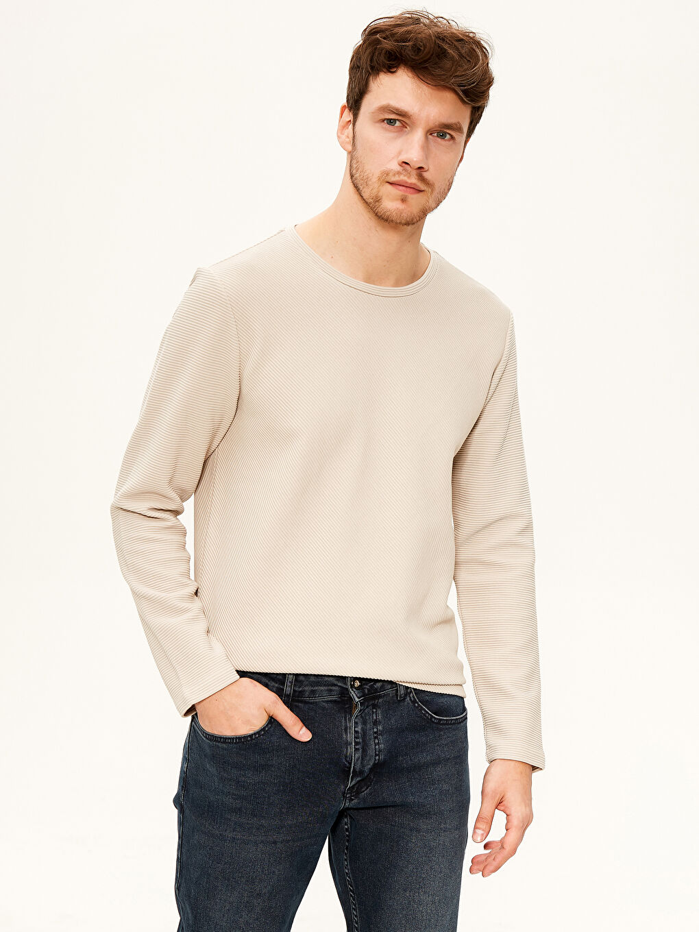 Bej Bisiklet Yaka Uzun Kollu Basic Tişört