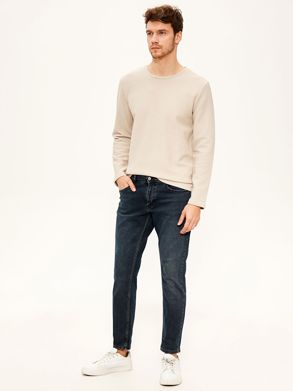 Bej Bisiklet Yaka Uzun Kollu Basic Tişört-4