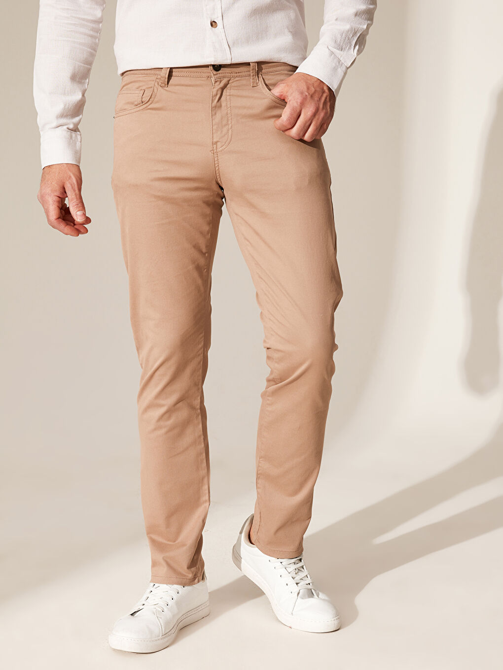 Bej Dar Kalıp Gabardin Chino Pantolon-4