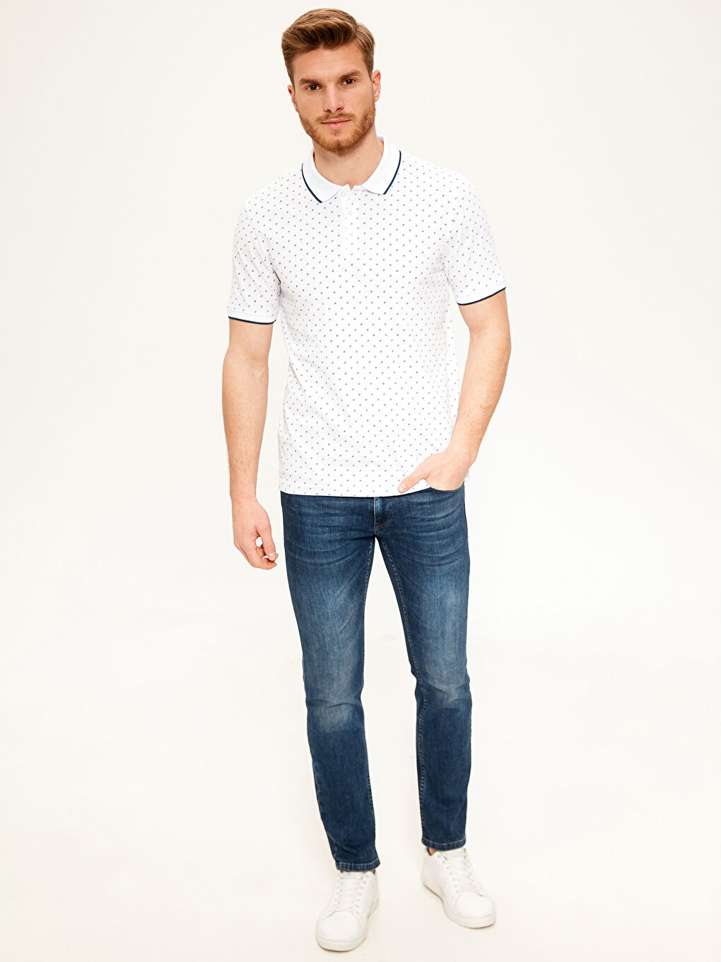 Beyaz Polo Yaka Kısa Kollu Pamuklu Erkek Tişört-2