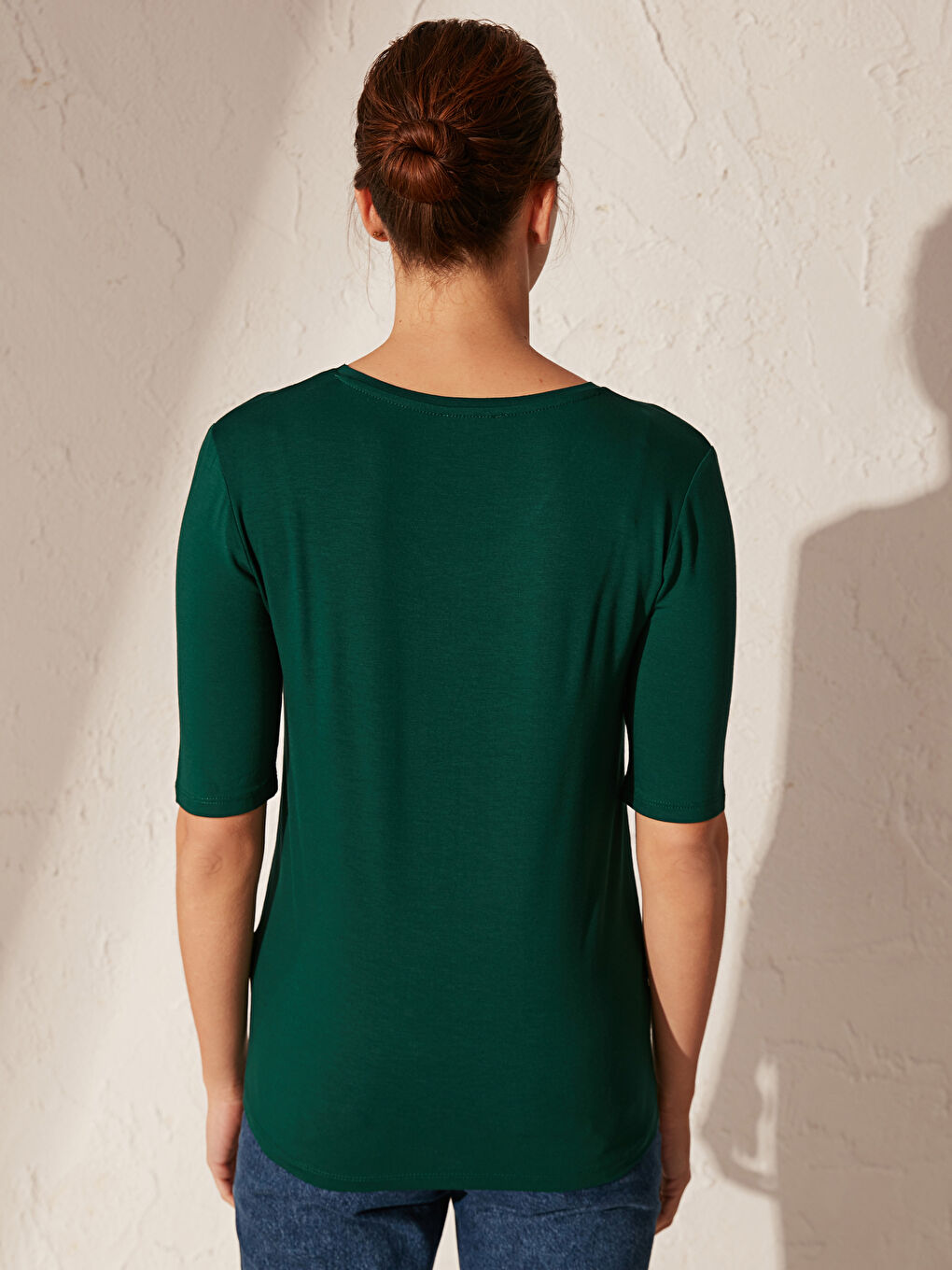 Yeşil V Yaka Viskon Tişört-2