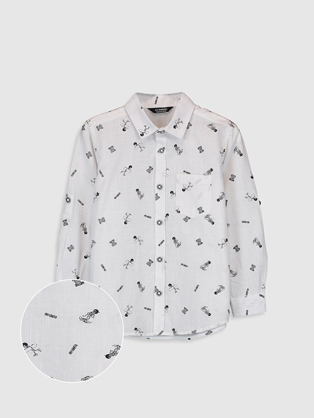 Beyaz Desenli Uzun Kollu Poplin Erkek Çocuk Gömlek-1