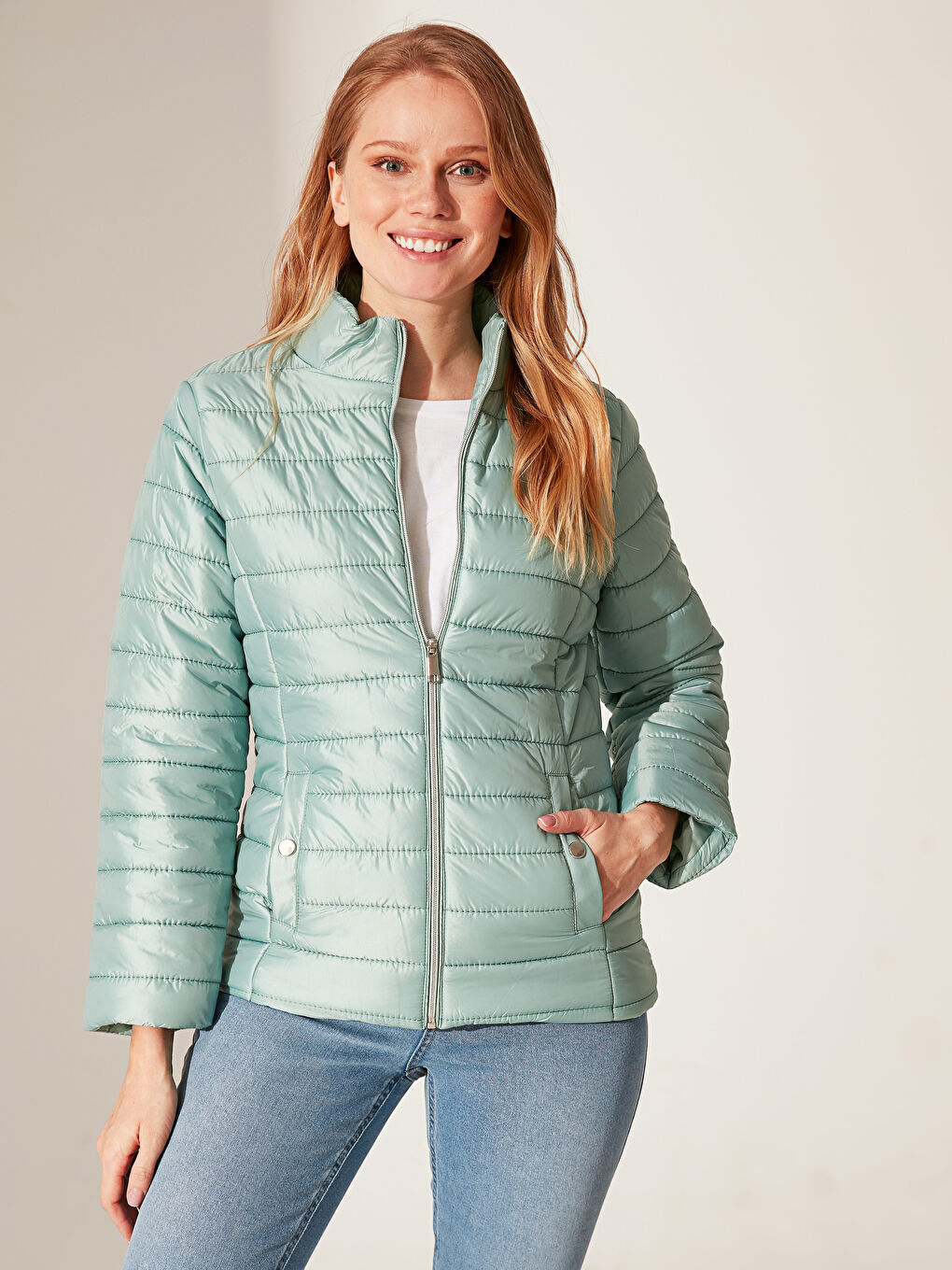 Yeşil Uzun Kollu Kadın Dik Yaka Şişme Mont-1