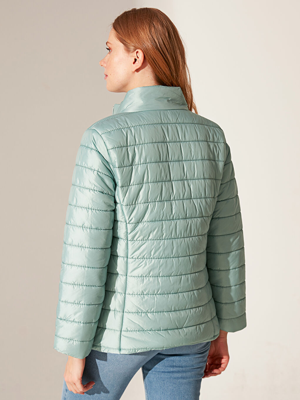 Yeşil Uzun Kollu Kadın Dik Yaka Şişme Mont-3