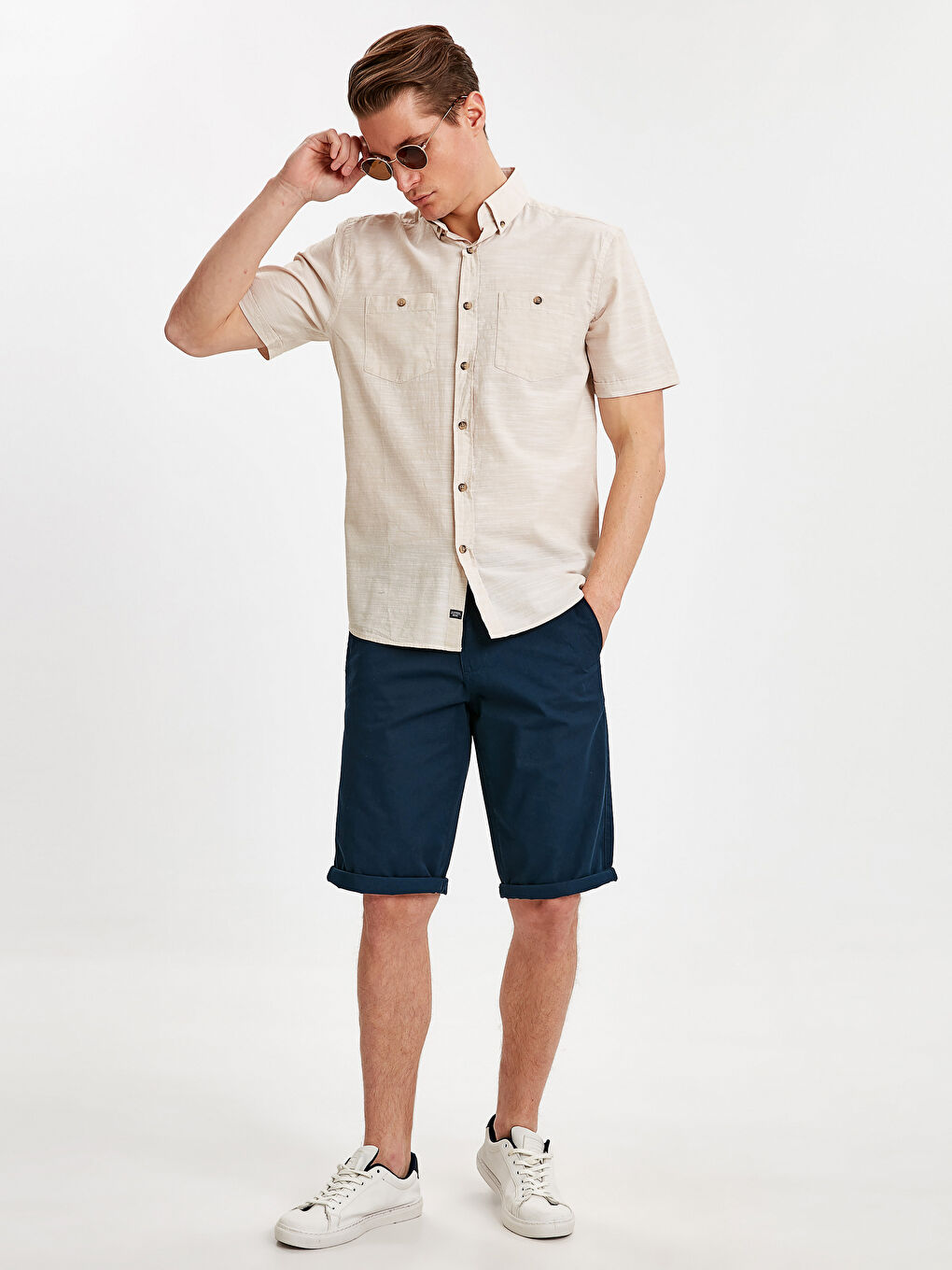 Bej Regular Fit Kısa Kollu Poplin Gömlek-4