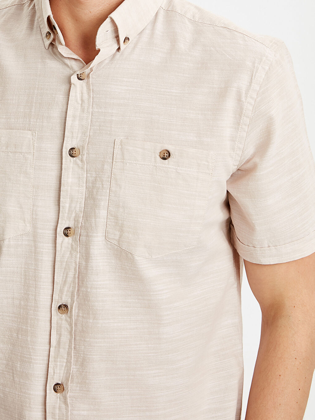 Bej Regular Fit Kısa Kollu Poplin Gömlek-6
