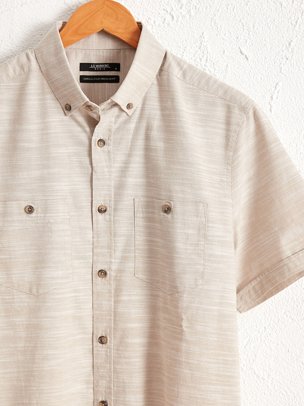 Bej Regular Fit Kısa Kollu Poplin Gömlek-3
