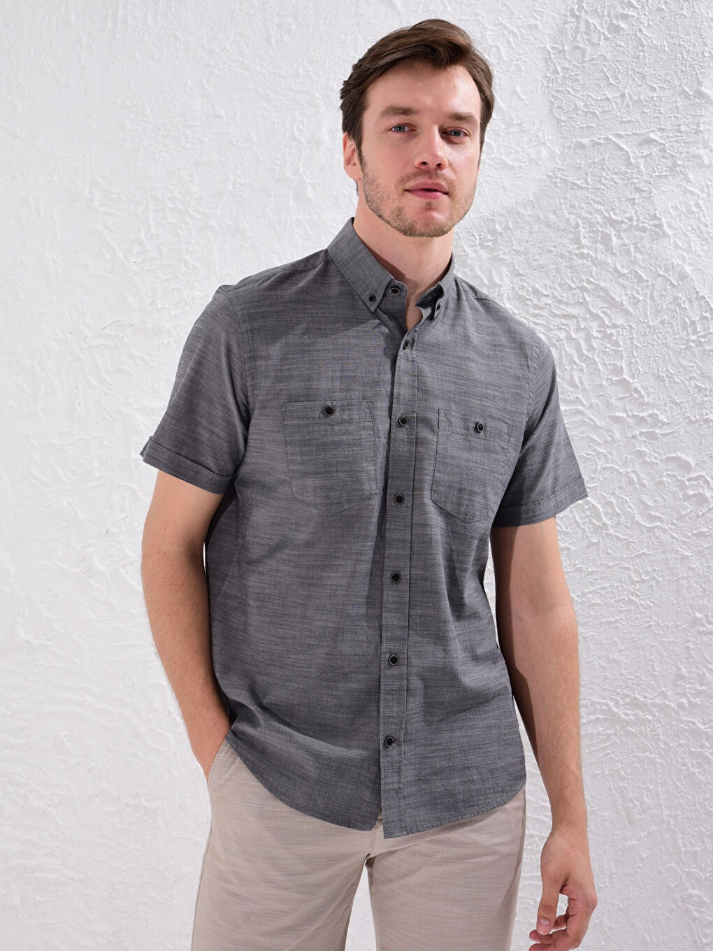 Antrasit Regular Fit Kısa Kollu Poplin Gömlek