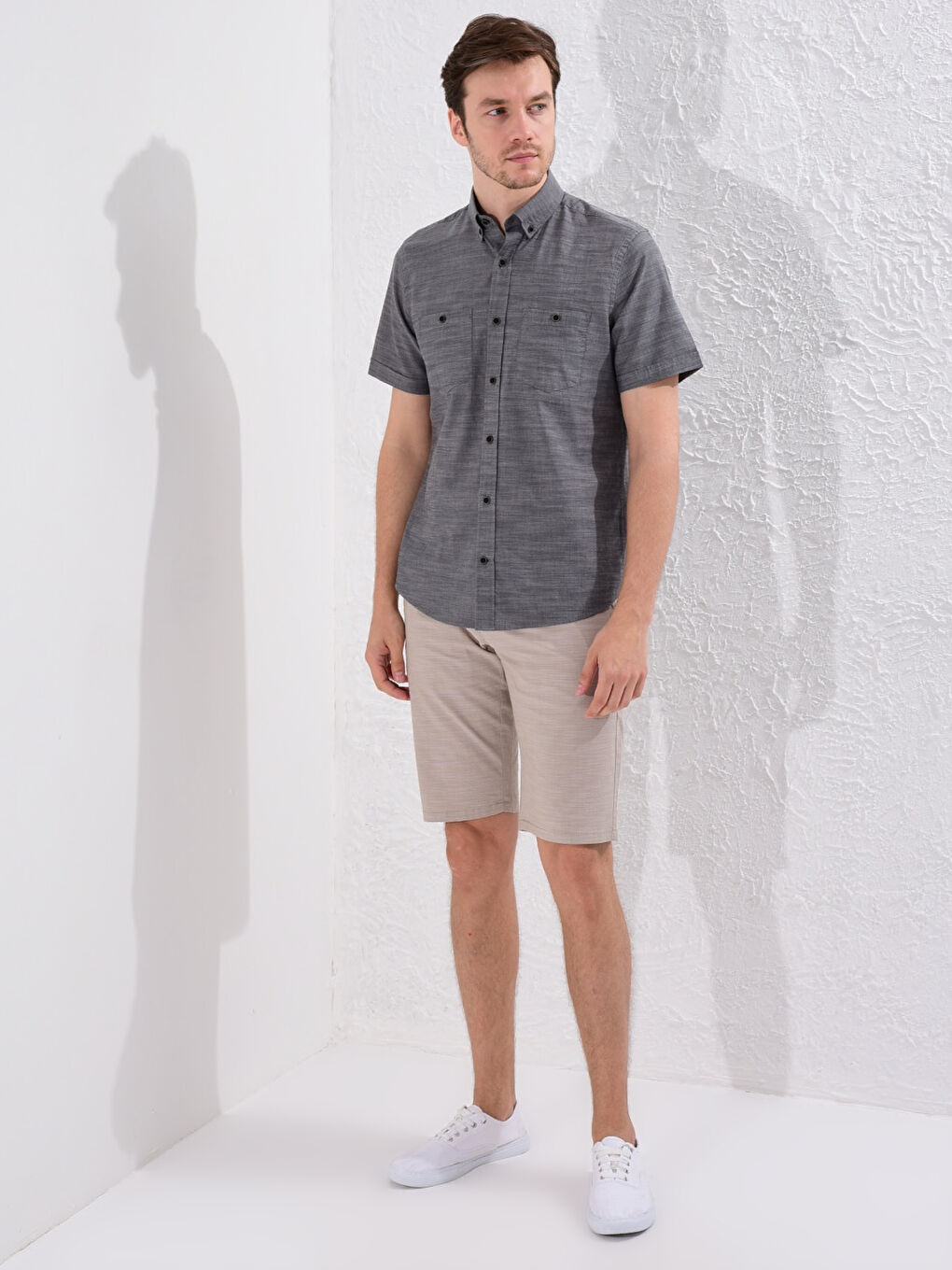 Antrasit Regular Fit Kısa Kollu Poplin Gömlek-1