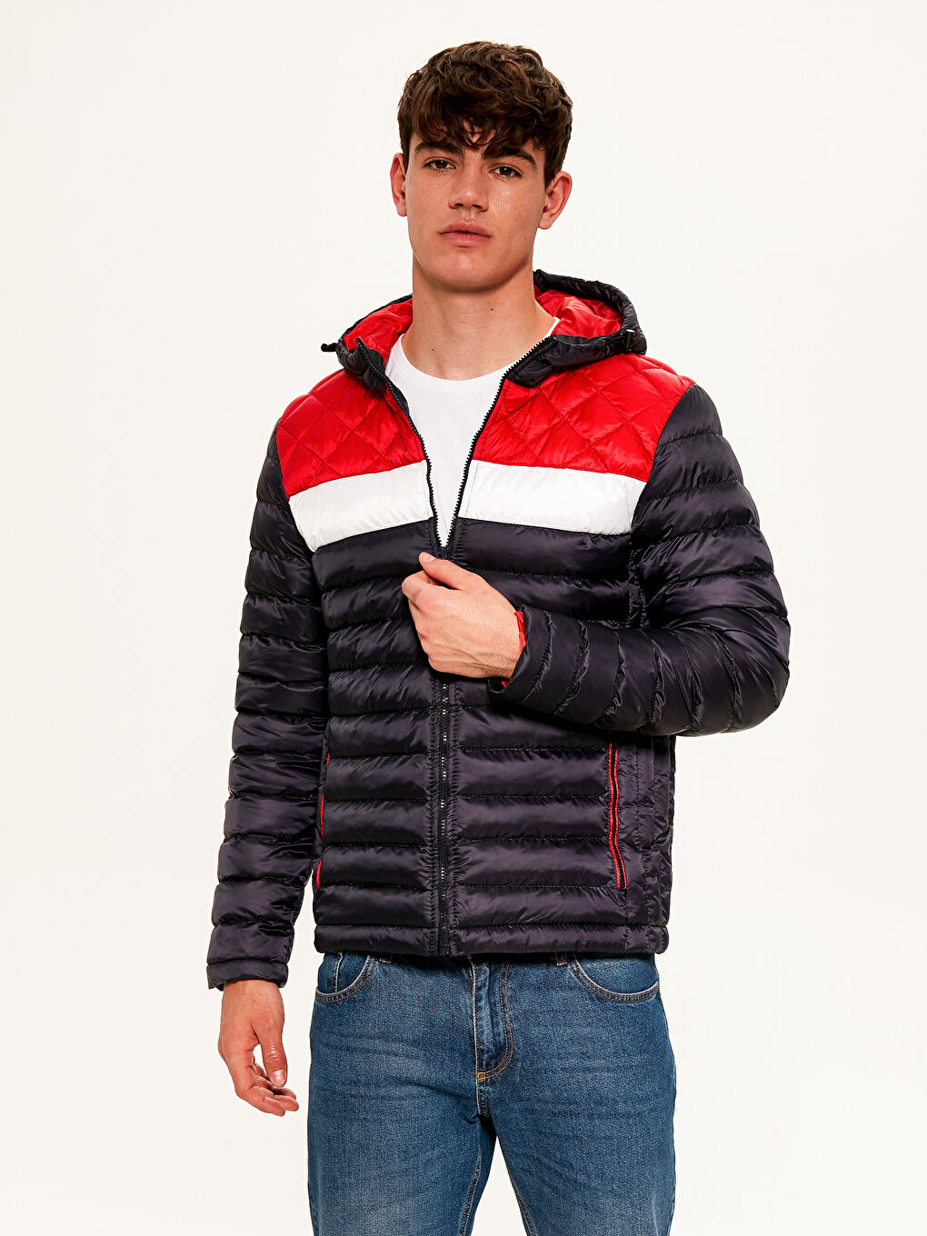 Lacivert Slim Fit Kapüşonlu Dik Yaka Erkek Şişme Mont-1