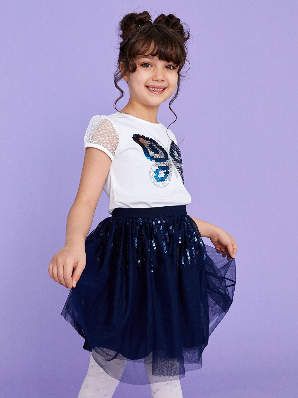 Lacivert Beli Lastikli Pul İşlemeli Kız Çocuk Etek