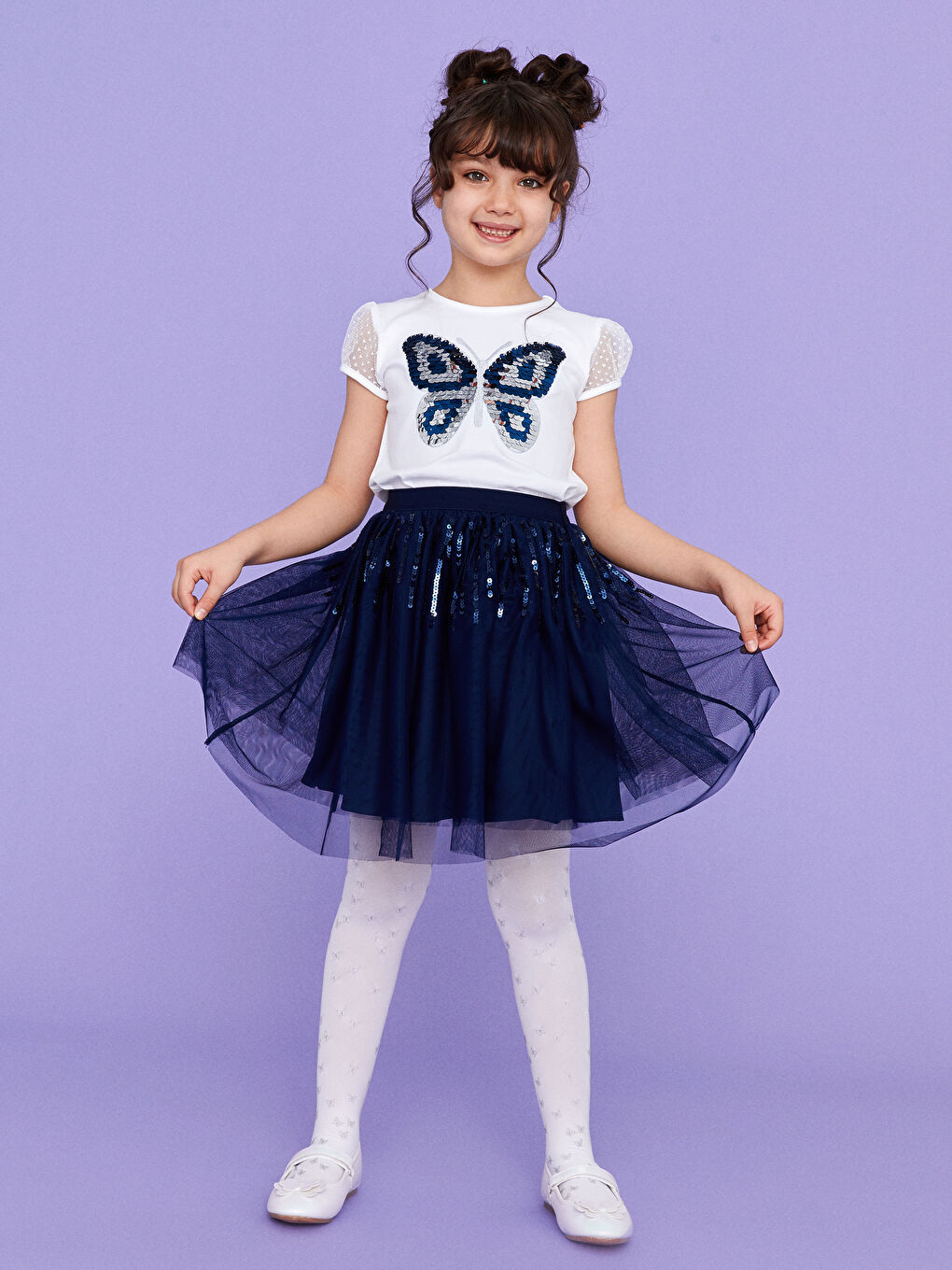 Lacivert Beli Lastikli Pul İşlemeli Kız Çocuk Etek-1