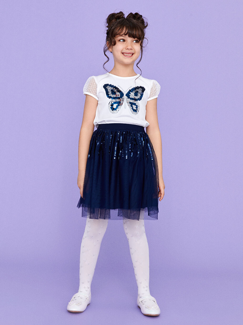 Lacivert Beli Lastikli Pul İşlemeli Kız Çocuk Etek-2