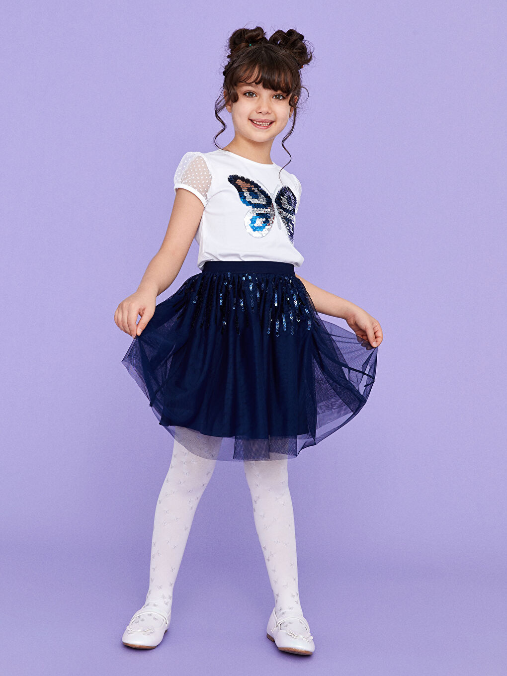 Lacivert Beli Lastikli Pul İşlemeli Kız Çocuk Etek-3