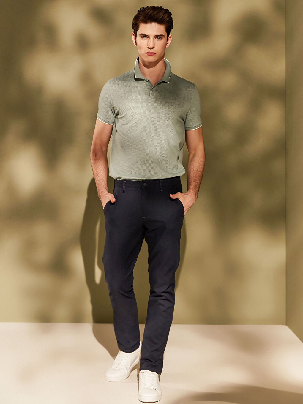 Yeşil Polo Yaka Kısa Kollu Basic Pike Erkek Tişört-5