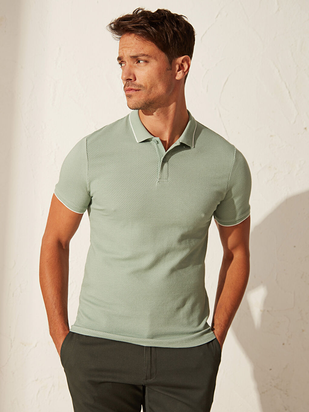 Yeşil Polo Yaka Kısa Kollu Basic Pike Erkek Tişört-2