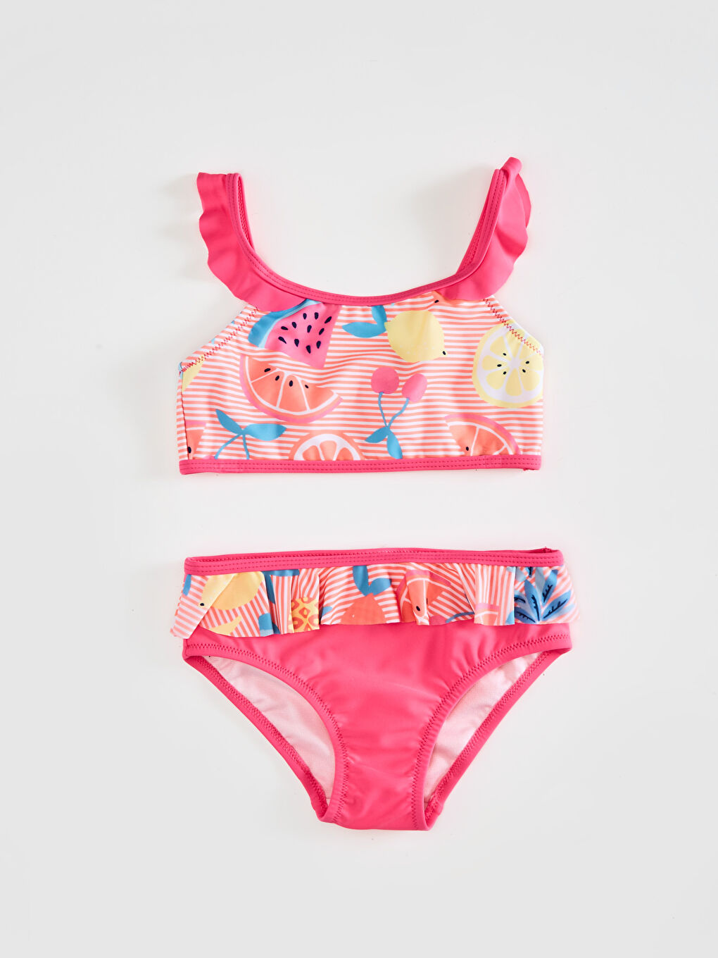 Girl's Bikini With Frill Detailed Printed Flexible Fabric
