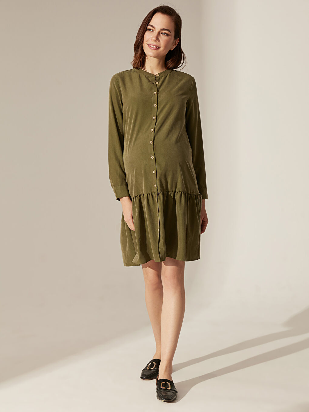 Button Detailed Loose Long Sleeve Maternity Shirt Dress