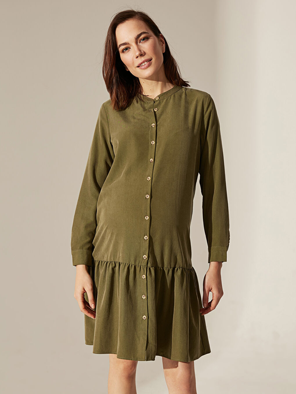 Button Detailed Loose Long Sleeve Maternity Shirt Dress-1
