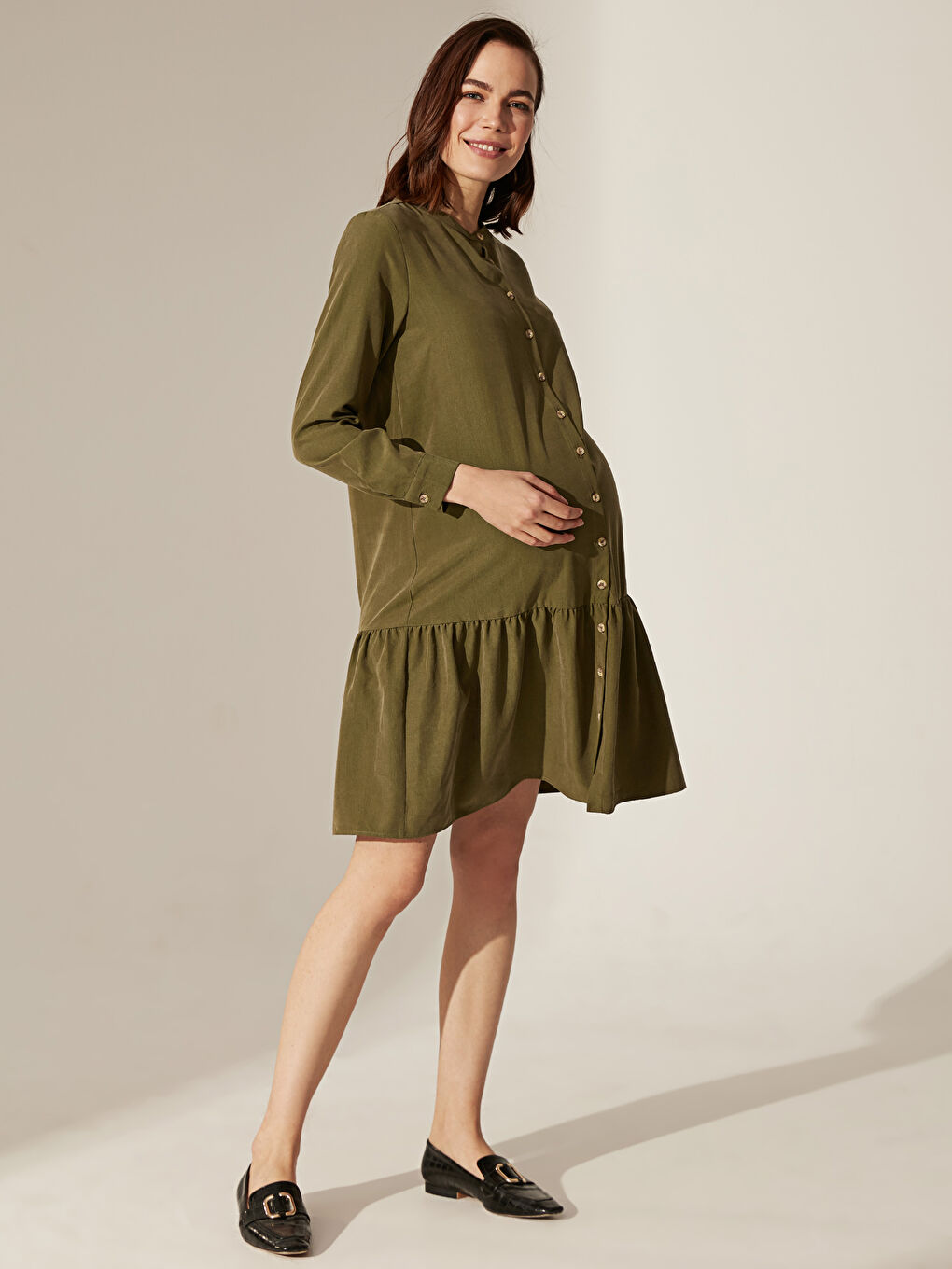 Button Detailed Loose Long Sleeve Maternity Shirt Dress-2