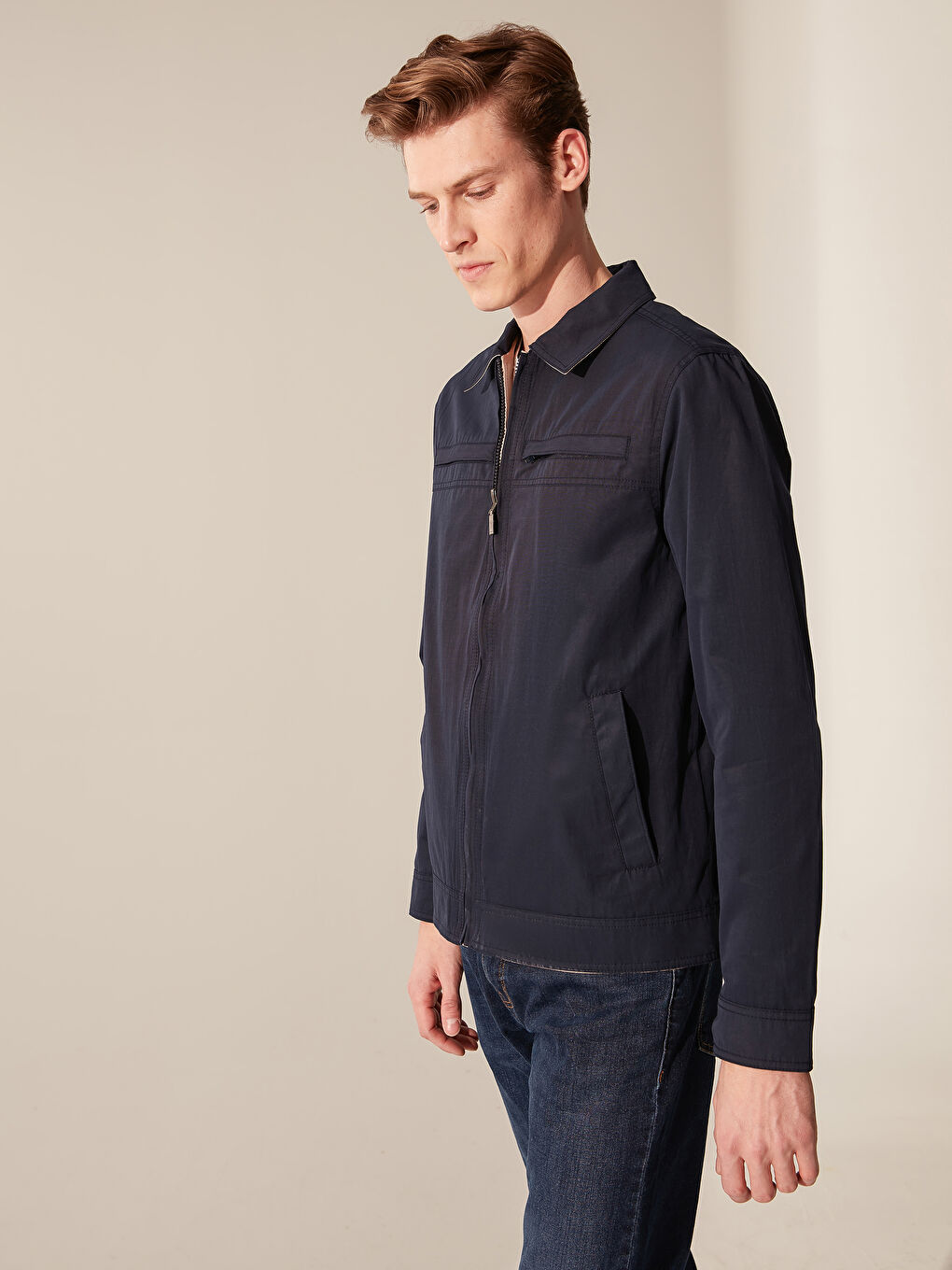 Lacivert Rahat Kalıp Dik Yaka İnce Mont-1