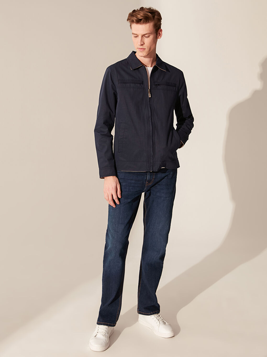 Lacivert Rahat Kalıp Dik Yaka İnce Mont-3