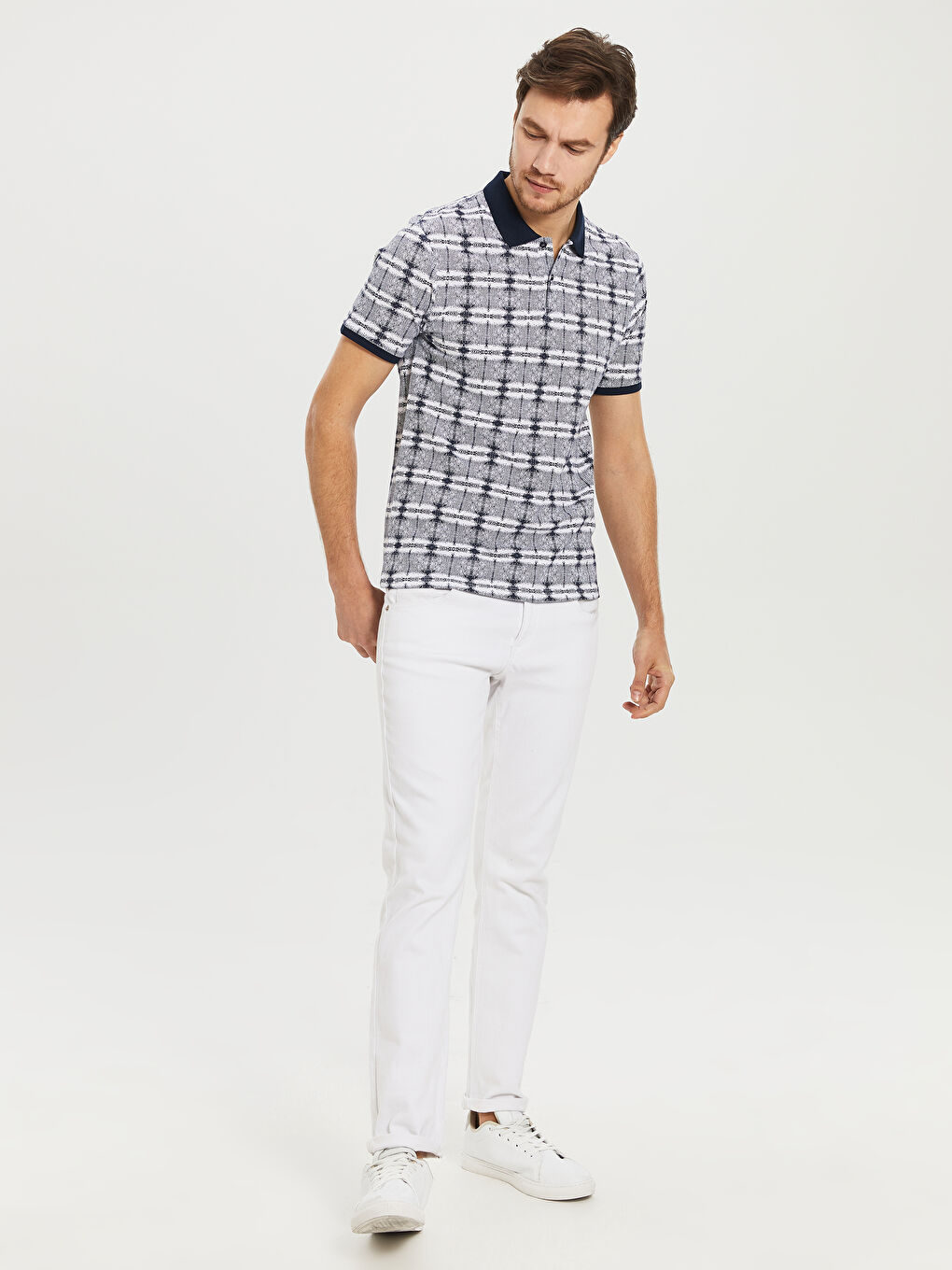 Lacivert Polo Yaka Kısa Kollu Pike Erkek Tişört-4