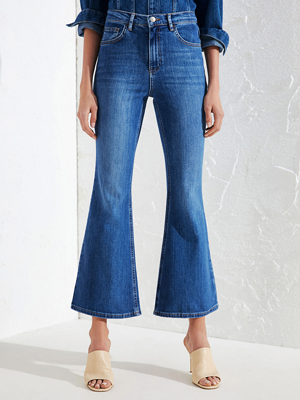 İndigo Yüksek Bel Mars Flare Kadın Jean Pantolon-2