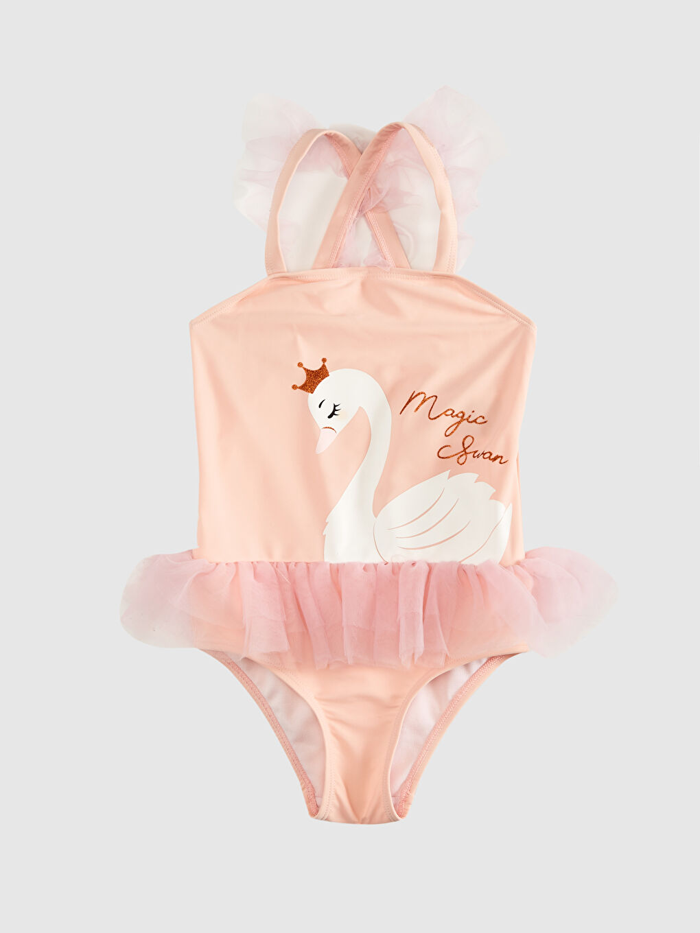 مايوه بناتي بقماش مطاطي وتفاصيل كشكشة من التل المطبوع